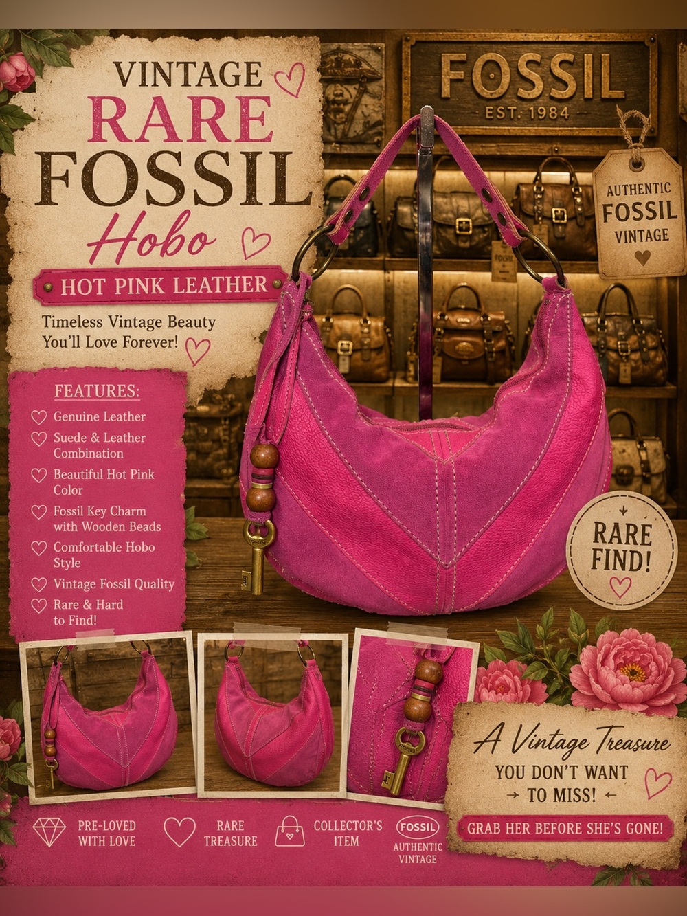 Fossil Vintage Rare Hot Pink Leather Hobo Bag with Charm